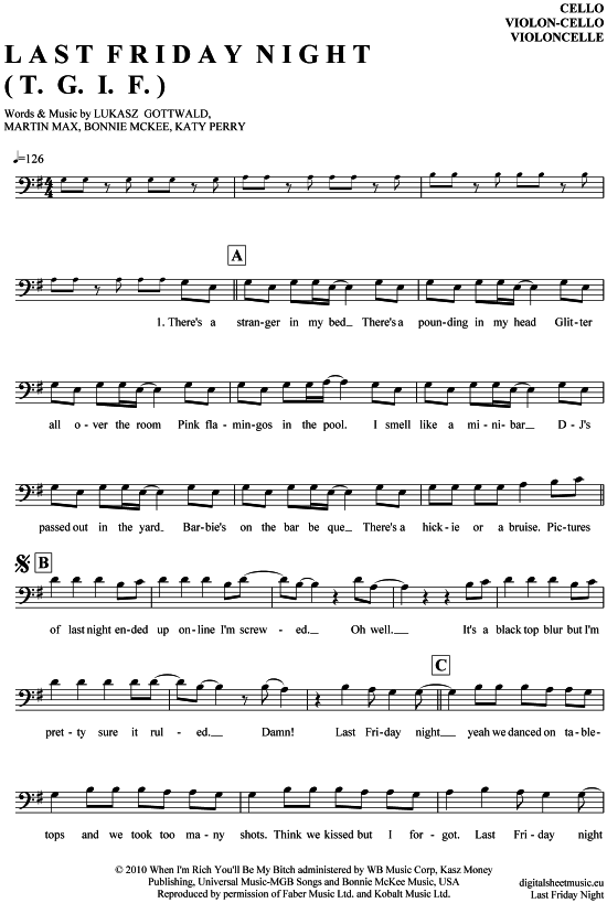 Produktgalerie: Seite 1 von 4 Last Friday Night , Perry, Katy, (Violon-Cello)