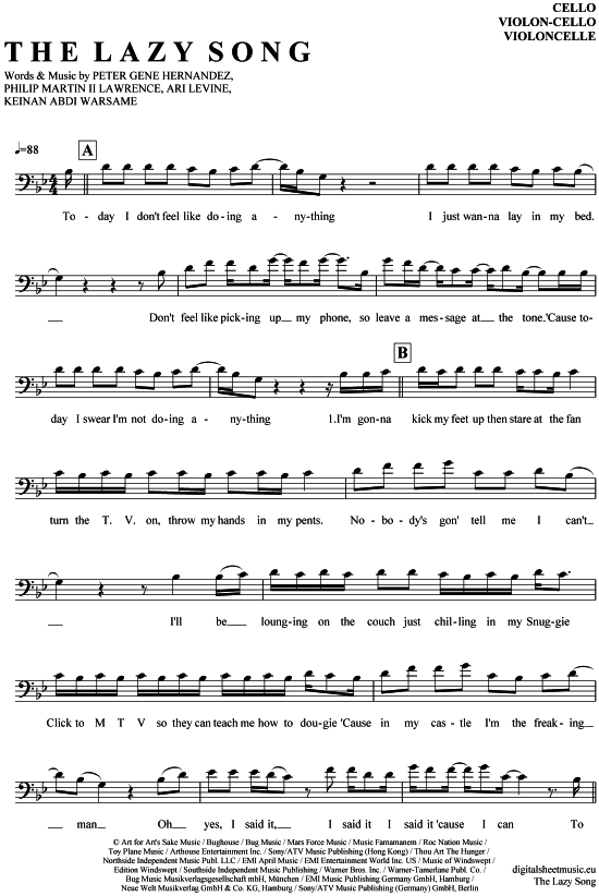 gallery: The Lazy Song , Mars, Bruno, (Violon-Cello)