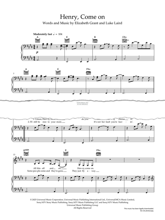 Produktgalerie: Seite 1 von 1 Henry, Come On, Lana Del Rey, Gesang, Gitarre, Klavier