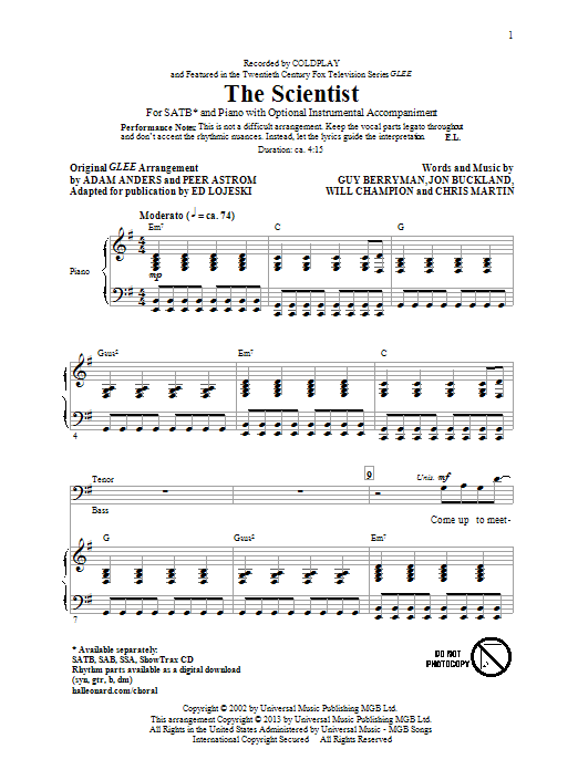 Product picture to:  The Scientist (arr. Ed Lojeski) - Glee Cast