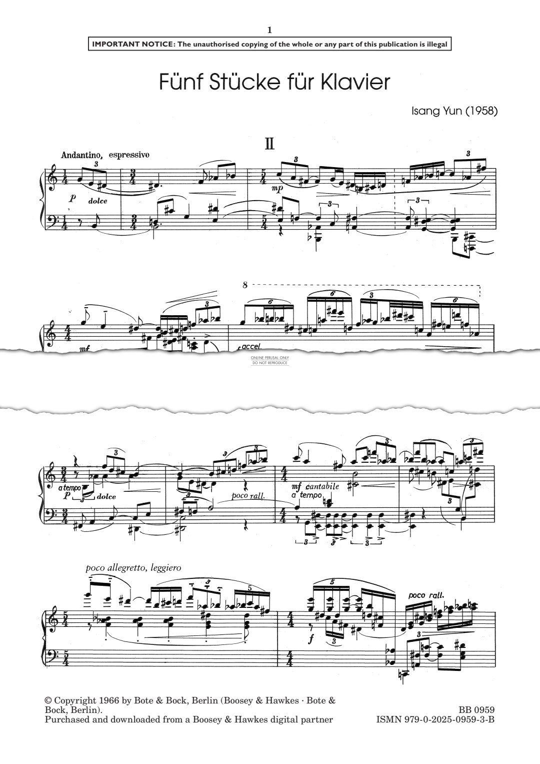 Produktgalerie: Seite 1 von 1 Fünf Stücke für Klavier - II, Isang Yun, Klavier