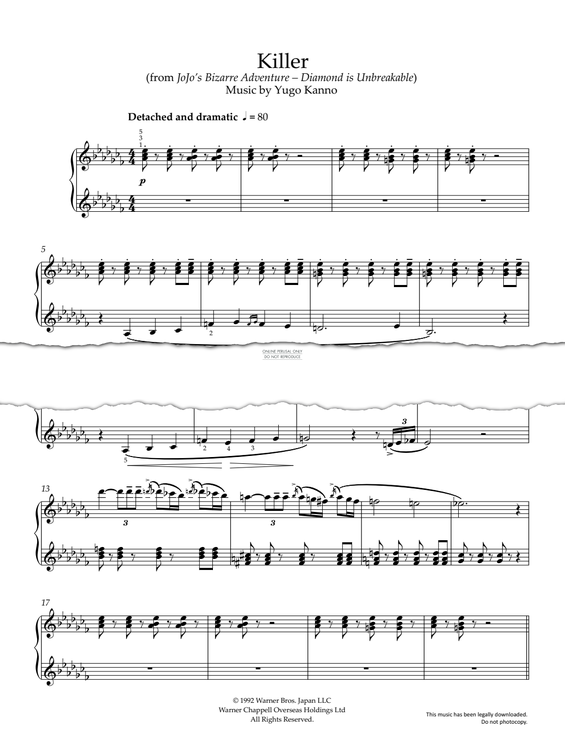 Produktgalerie: Seite 1 von 1 Killer (from 'JoJo's Bizarre Adventure - Diamond Is Unbreakable'), Yuugo Kanno, Klavier