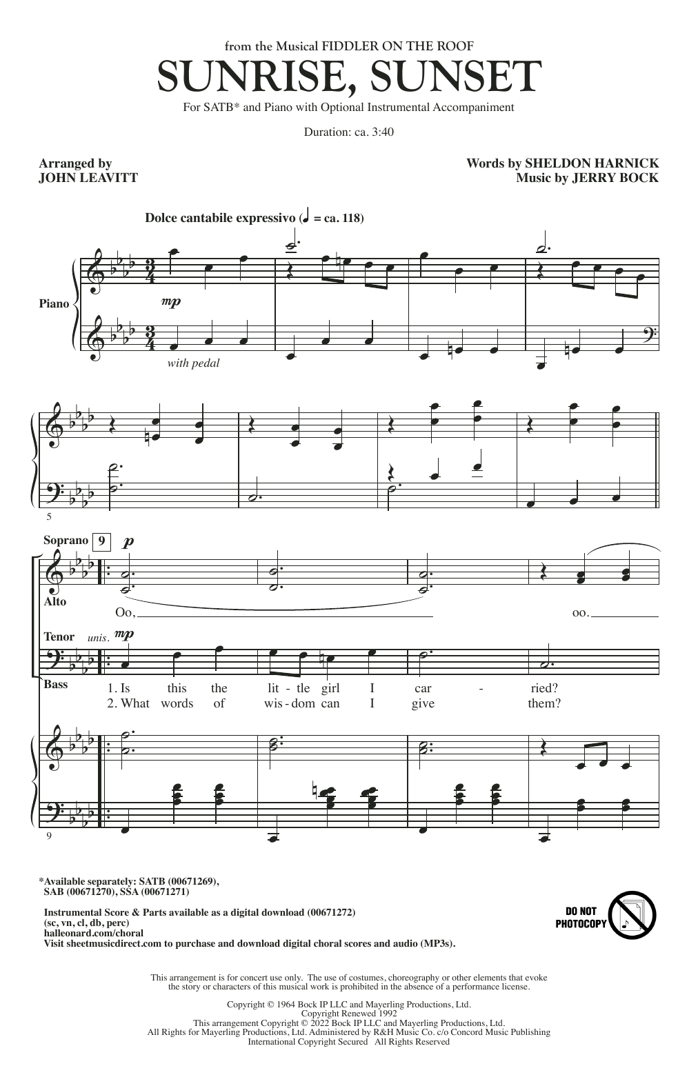 Product picture to: Sunrise, Sunset (from Fiddler On The Roof) (arr. John Leavitt)