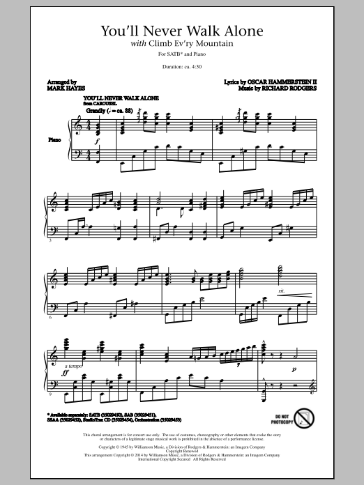 Product picture to: You'll Never Walk Alone (with "Climb Ev'ry Mountain") (arr. Mark Hayes)
