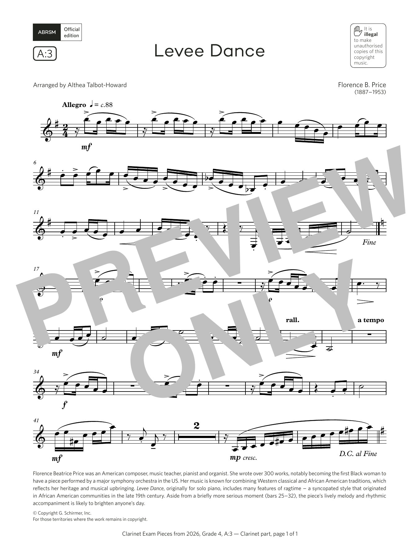 Product gallery: Page 1 of 1 Levee Dance (Grade 4, list A3, from the ABRSM Clarinet Syllabus from 2026), Florence B. Price