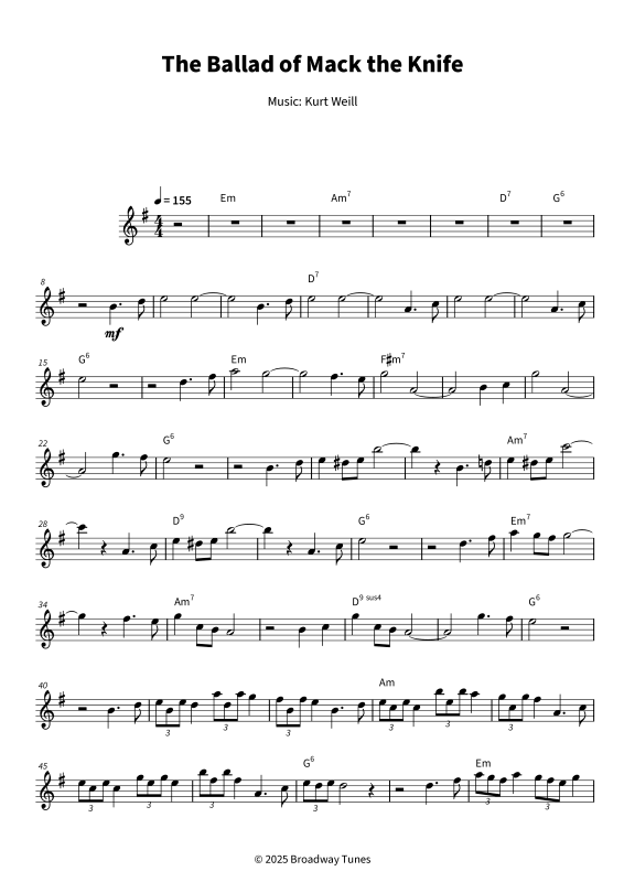 Product gallery: Page 1 of 6 The Ballad of Mack the Knife, , (Alto saxophone in E flat solo and chords - Leadsheet)