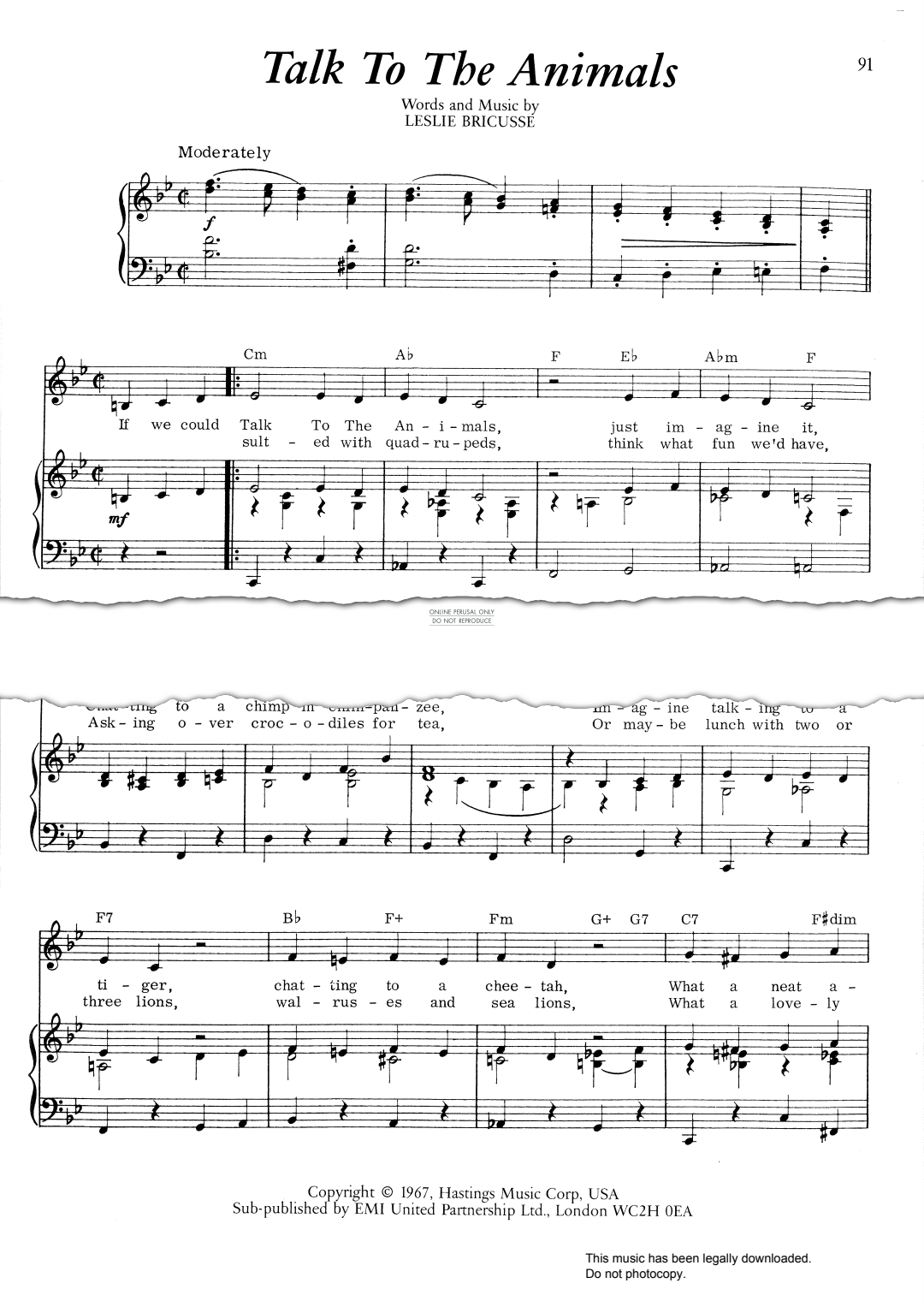 Product gallery: Page 1 of 1 Talk To The Animals (from 'Doctor Doolittle'), Leslie Bricusse