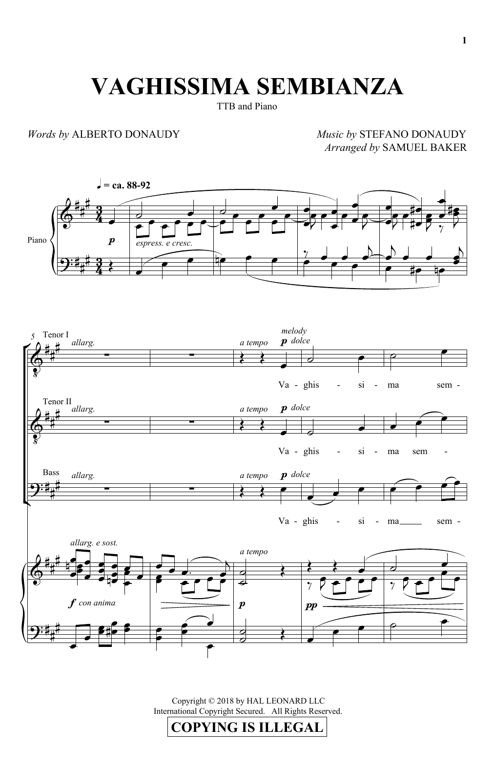 Product picture to: Vaghissima Sembianza (arr. Samuel Baker)
