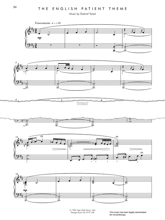 Produktgalerie: Seite 1 von 1 The English Patient Theme, Gabriel Yared, Klavier