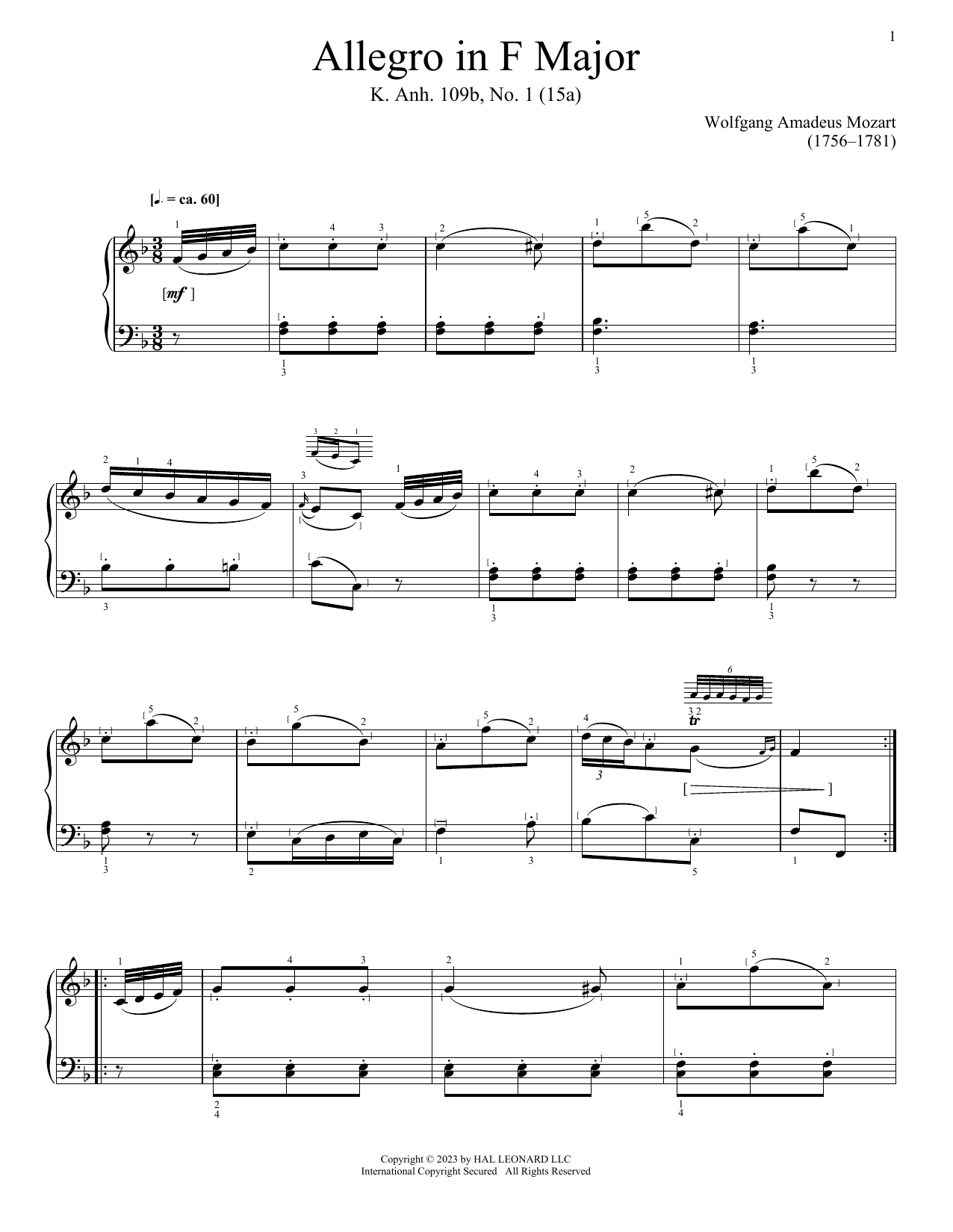 Product picture to: Allegro in F Major, K. Anh. 109, No. 1 (15a)