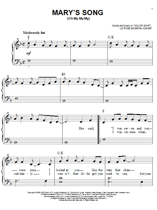 Produktgalerie: Seite 1 von 1 Mary's Song (Oh My My My), Taylor Swift, Klavier