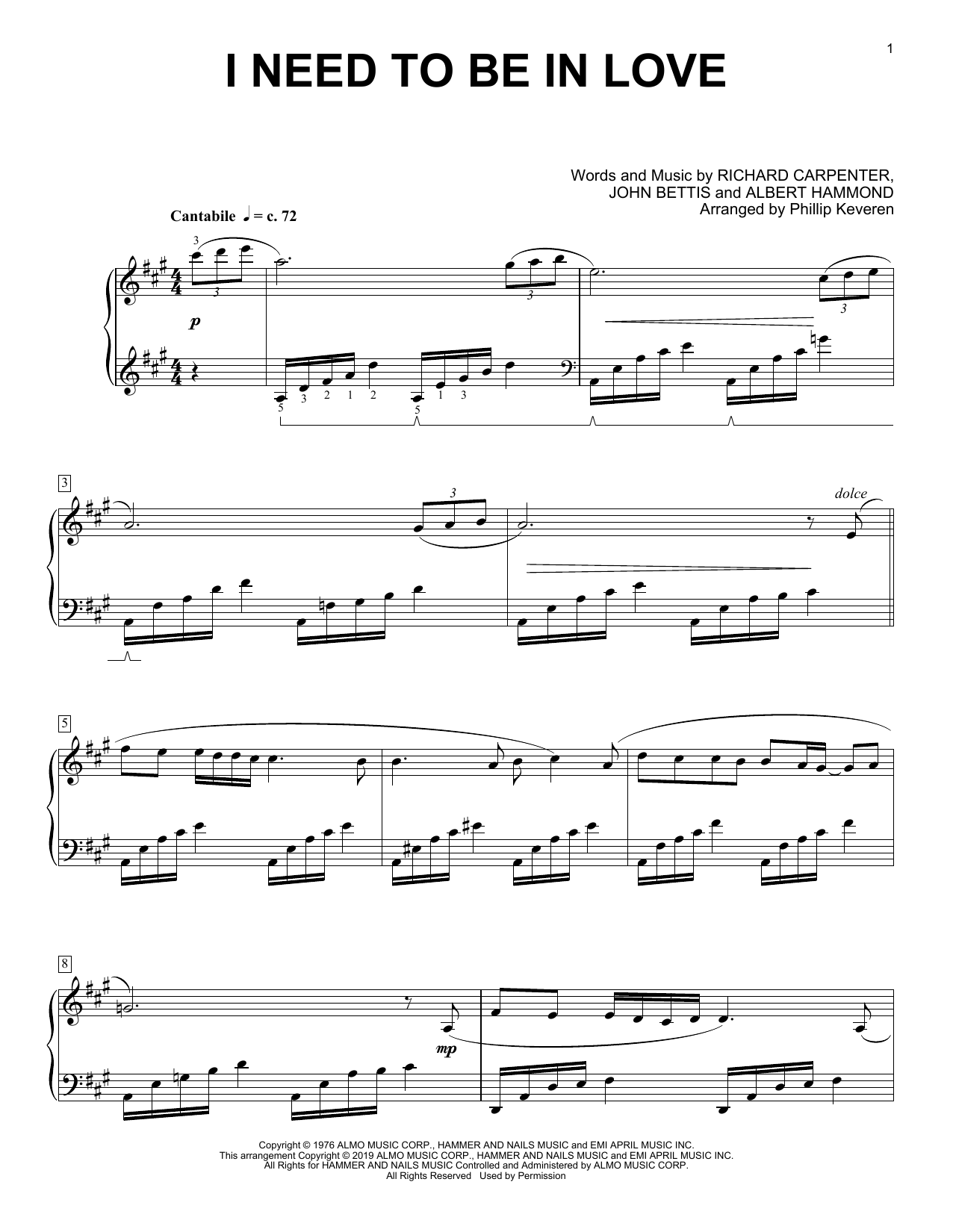 Produktbild zu: I Need To Be In Love (arr. Phillip Keveren)