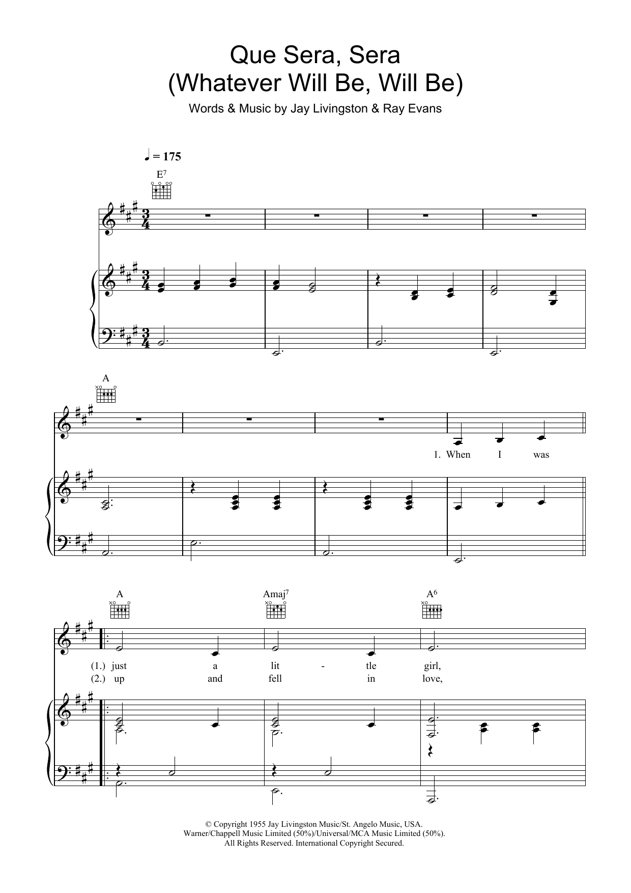 Produktgalerie: Seite 1 von 1 Que Sera, Sera (Whatever Will Be, Will Be), Doris Day, Gesang, Gitarre, Klavier