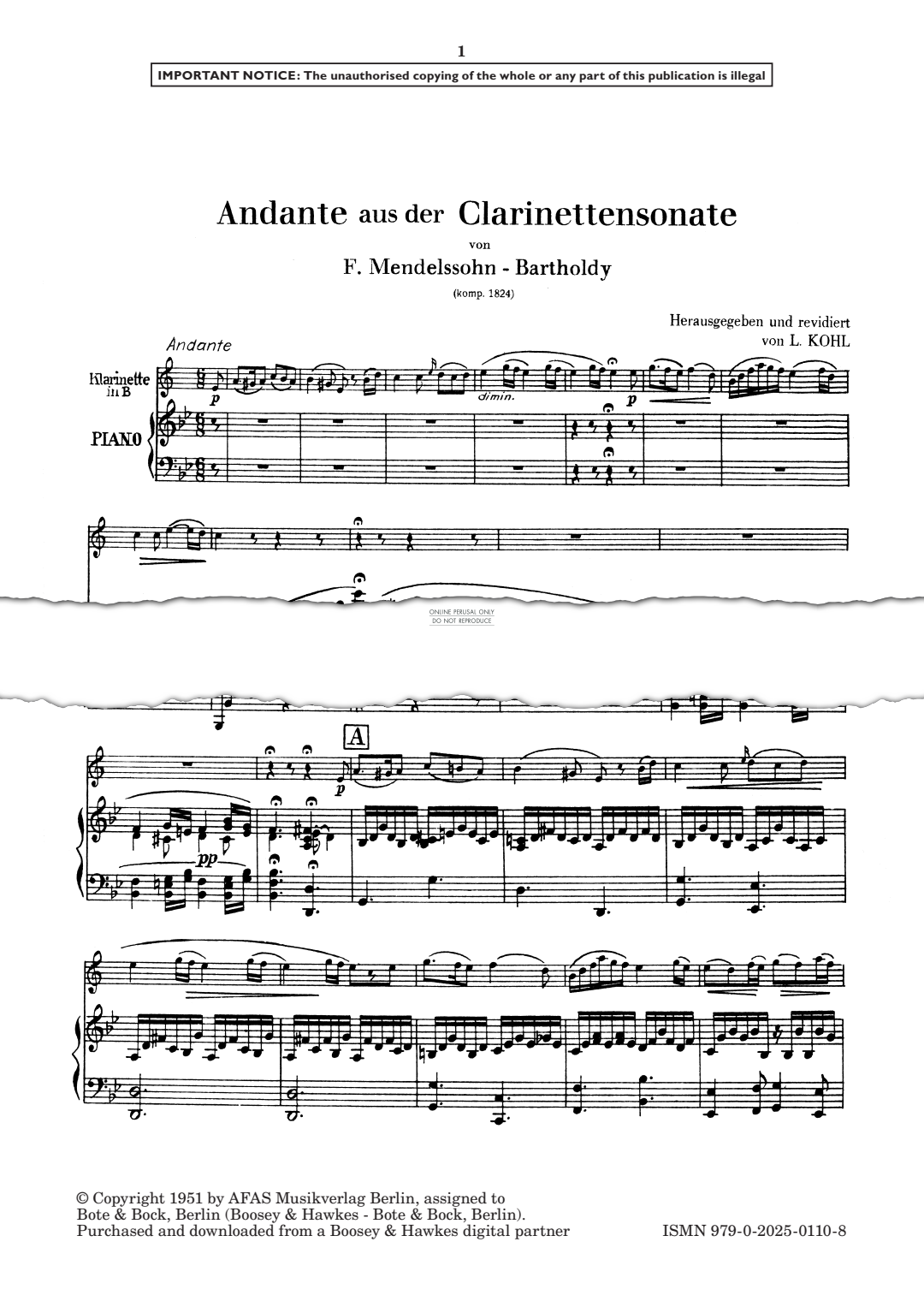 gallery: Andante from Sonata for Clarinet and Piano, Felix Mendelssohn, Klarinette, Klavier