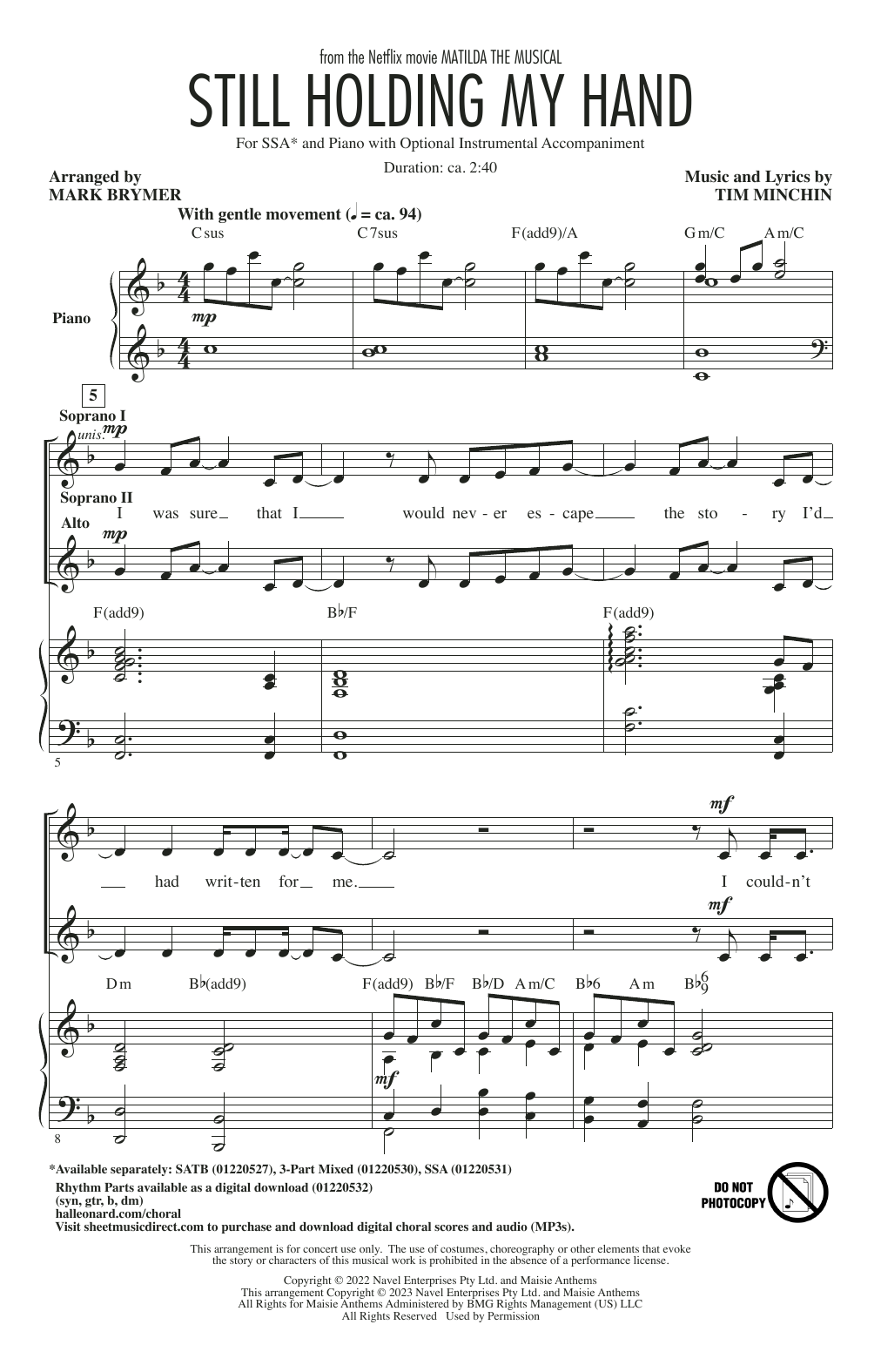 Product gallery: Page 1 of 1 Still Holding My Hand (from Matilda The Musical) (arr. Mark Brymer), Tim Minchin
