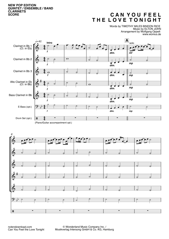 Produktgalerie: Seite 1 von 11 Can You Feel The Love Tonight, John, Elton, Klarinetten Quintett/Ensemble/Band – Klavier, E-Bass und Drum Set optional