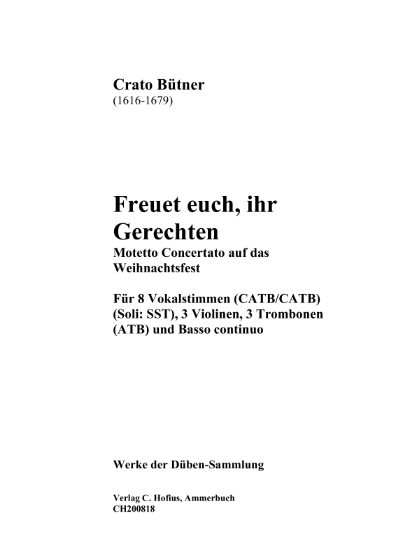cover: Freuet euch, ihr Gerechten - Motetto Concertato auf das Weihnachtsfest, , (Gemischtes Ensemble 8 Stimmen, 3 Violinen, 3 Trombonen und BC)