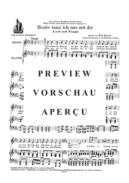 Produktgalerie: Seite 3 von 3 Heute tanz ich nur mit dir, , Klavier und Gesang