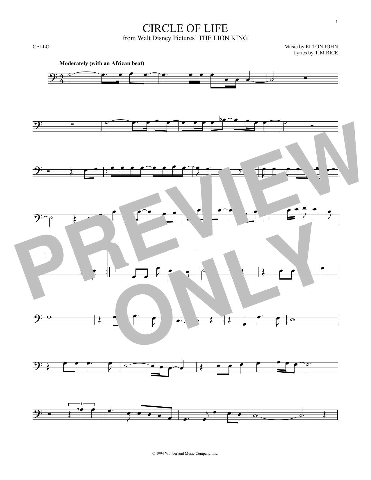 Produktgalerie: Seite 1 von 1 Circle Of Life (from The Lion King), Elton John, Violoncello