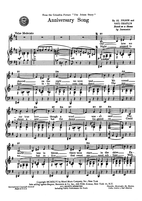 Product gallery: Page 1 of 8 Anniversary Song , Jolson, Al  , Piano and Voice