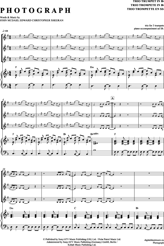 Produktgalerie: Seite 1 von 21 Photograph , Sheeran, Ed, (Trompeten Trio + Klavier)