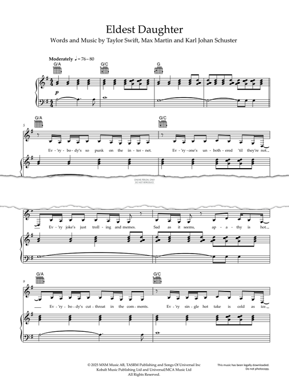 Produktgalerie: Seite 1 von 1 Eldest Daughter, Taylor Swift, Gesang, Gitarre, Klavier