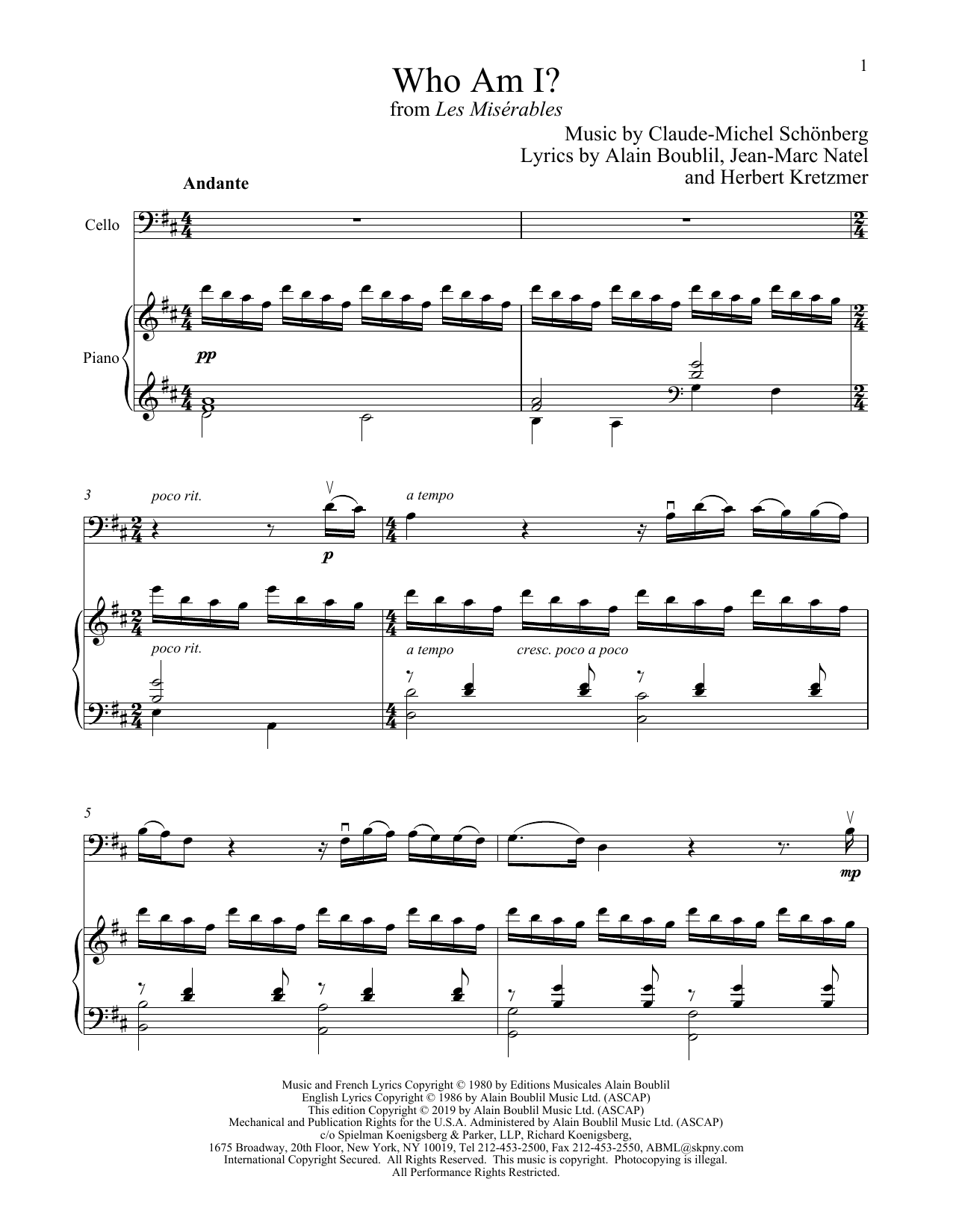 Produktgalerie: Seite 1 von 1 Who Am I? (from Les Miserables), Boublil and Schonberg, Klavier, Violoncello
