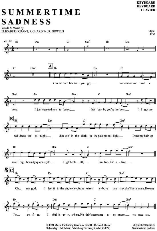 Product gallery: Page 1 of 4 Summertime Sadness , Rey, Lana del, (Keyboard)