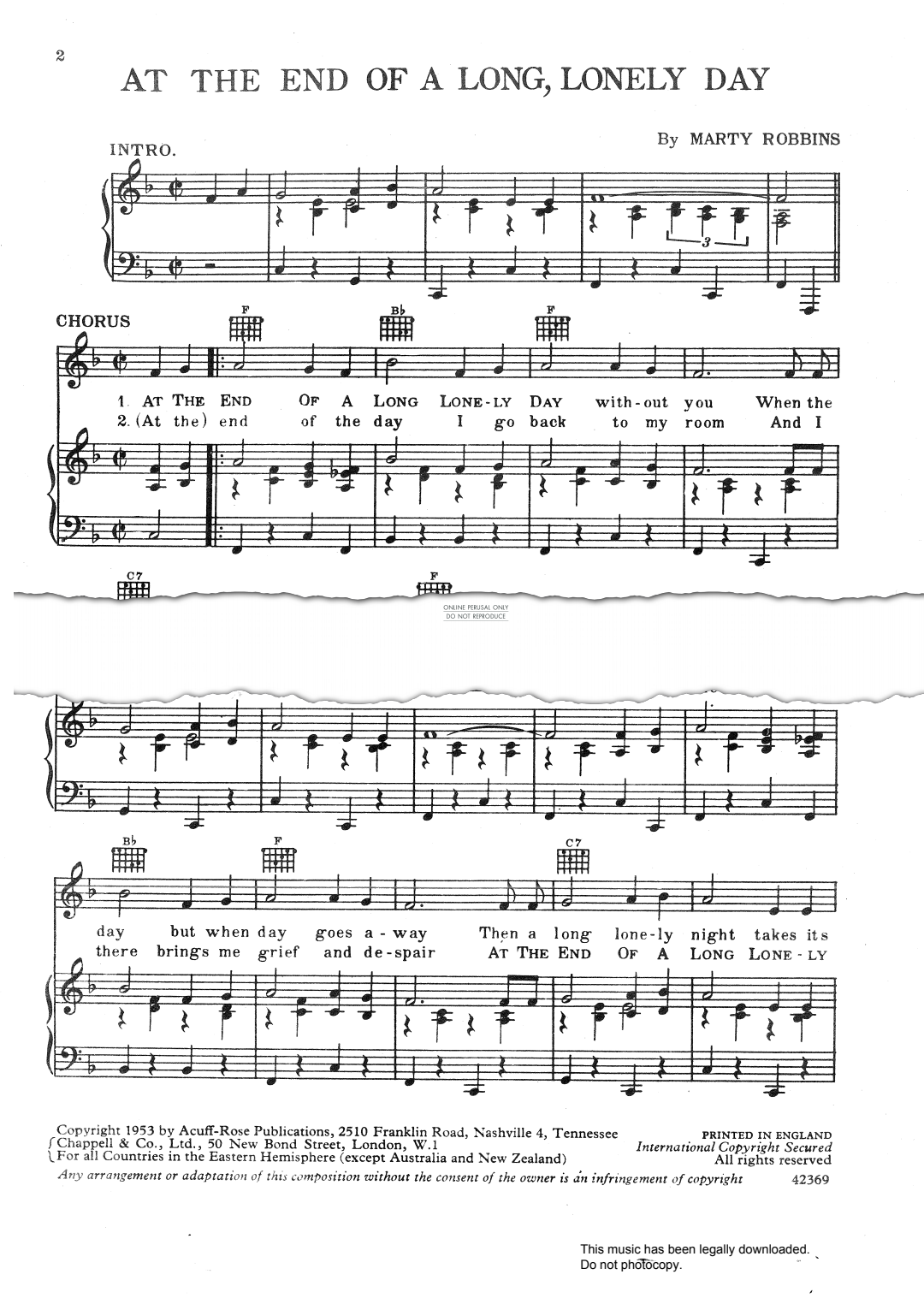 At The End Of A Long, Lonely Day sheet music by Marty Robbins