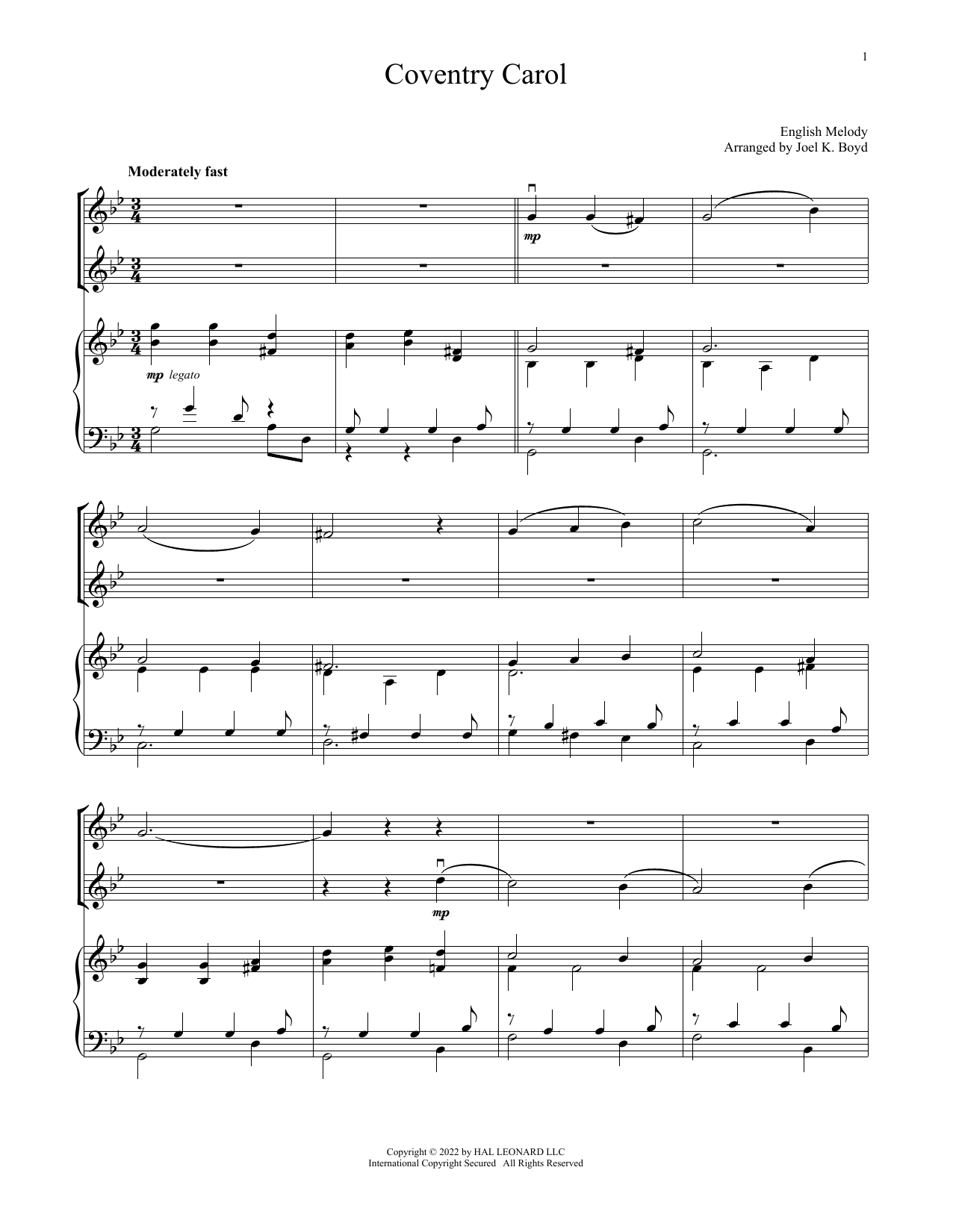 Product gallery: Page 1 of 1 Coventry Carol (for Violin Duet and Piano), Traditional Carol