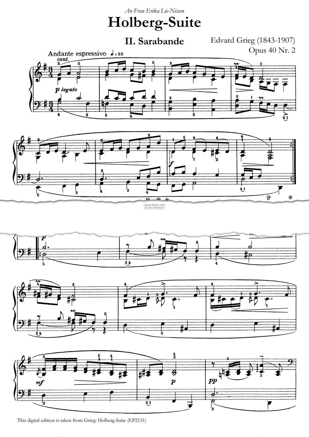 Produktgalerie: Seite 1 von 1 Holberg Suite Op.40, No.2 Sarabande, Edvard Grieg, Klavier