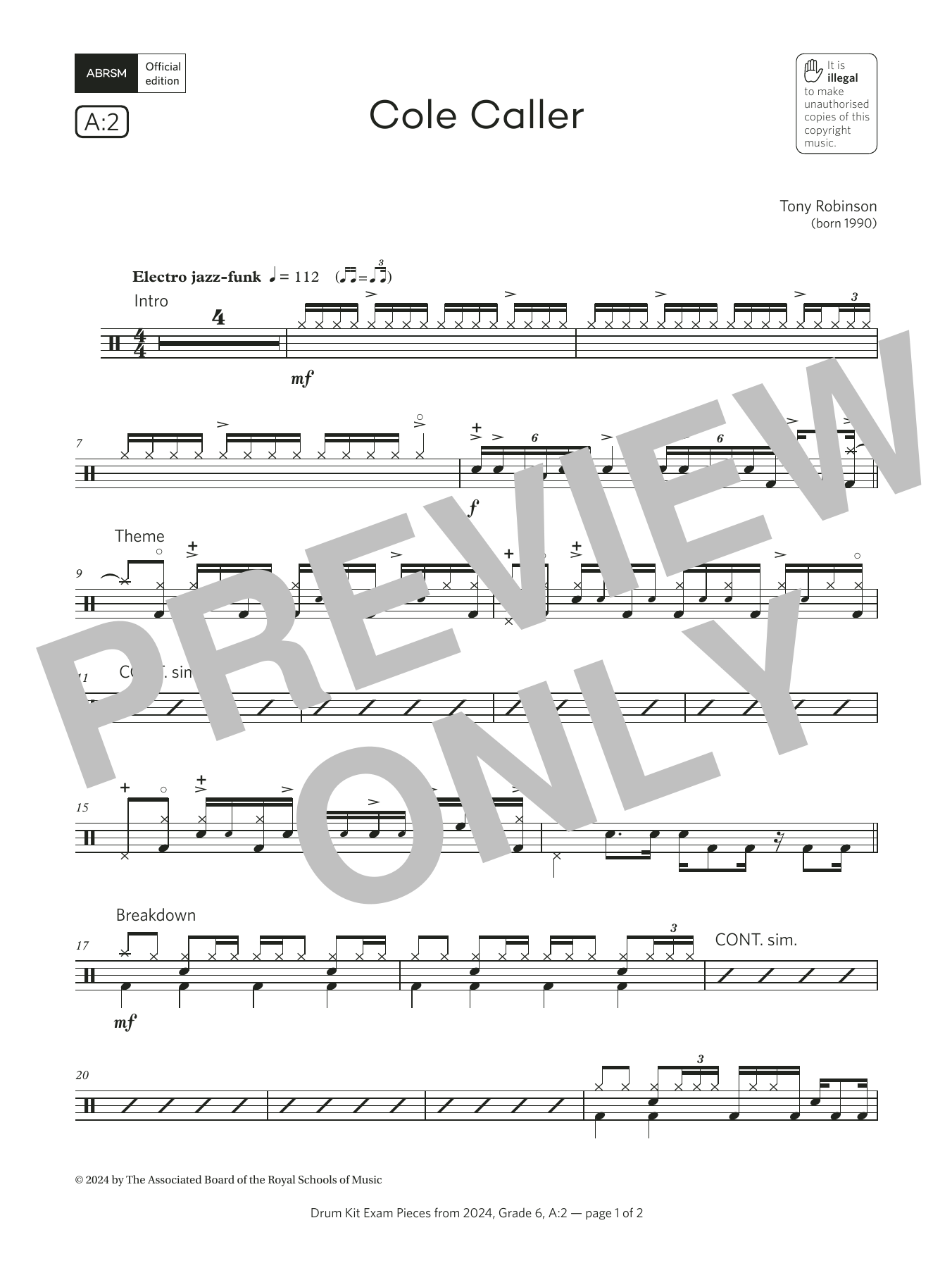 Product gallery: Page 1 of 1 Cole Caller (Grade 6, list A2, from the ABRSM Drum Kit Syllabus 2024), Tony Robinson