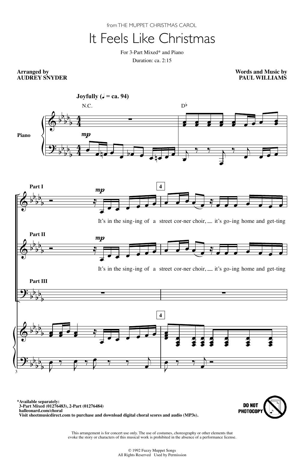 Product picture to: It Feels Like Christmas (from The Muppet Christmas Carol) (arr. Audrey Snyder)
