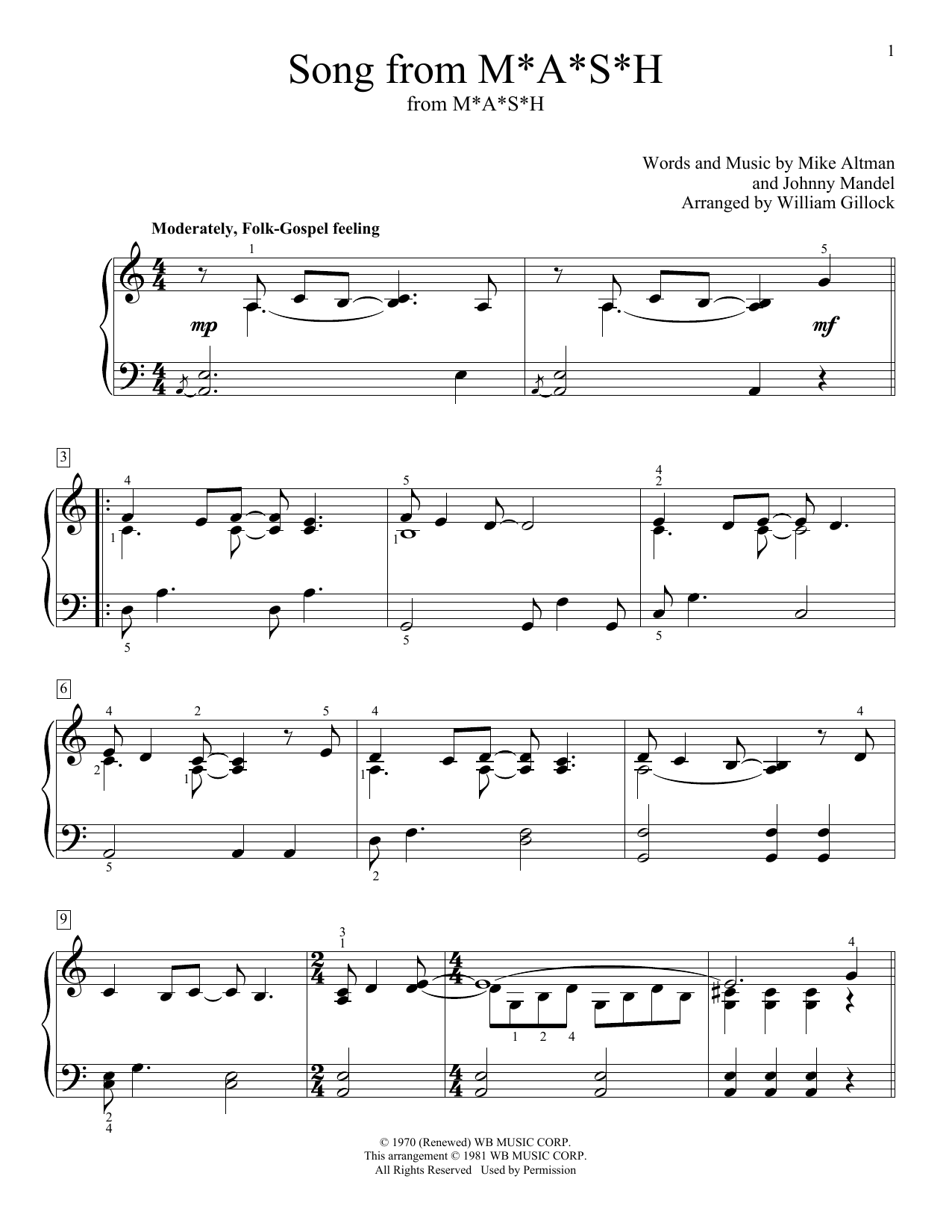 Product picture to: Song From M*A*S*H (Suicide Is Painless) (arr. William Gillock)