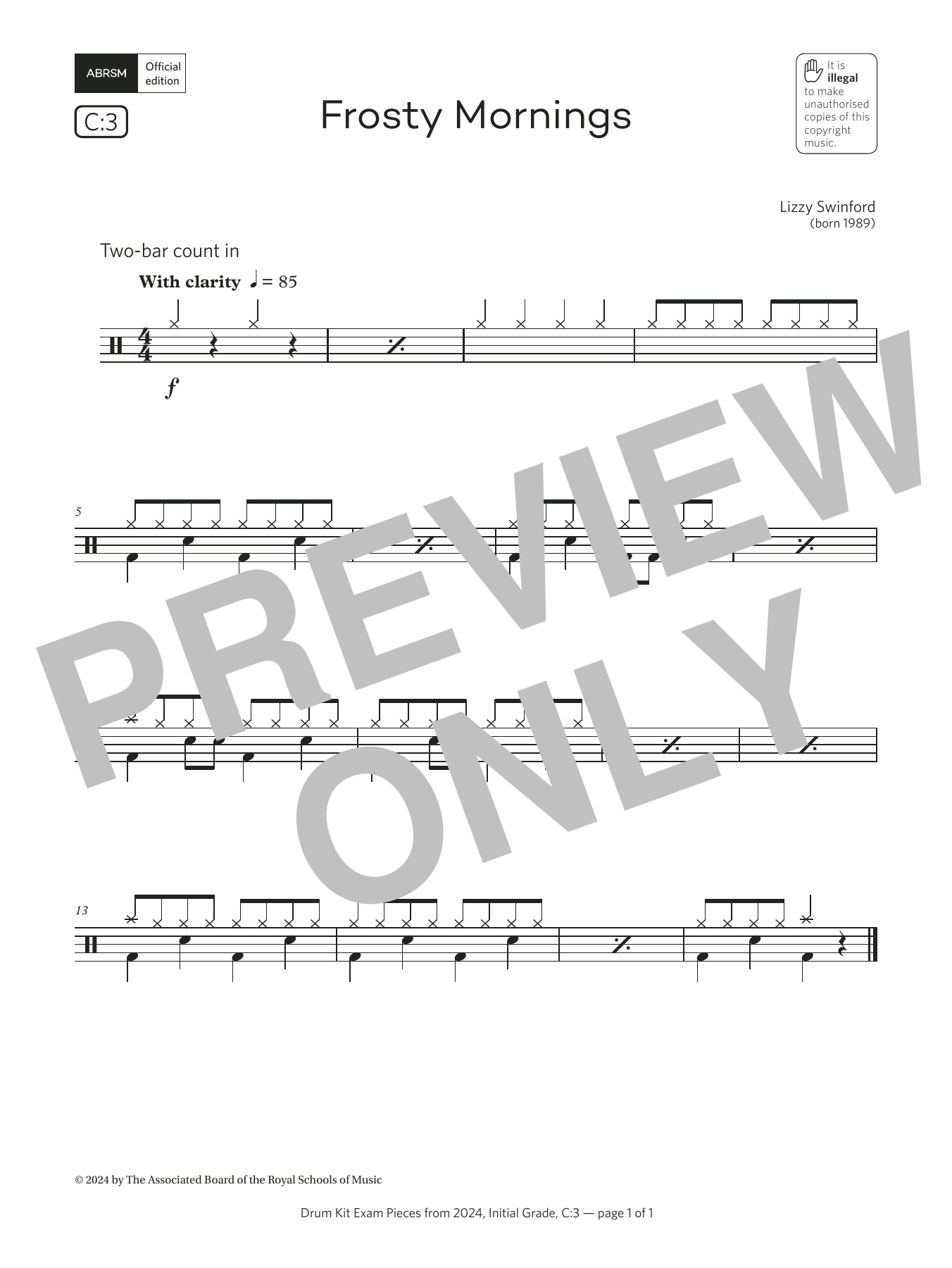 Product gallery: Page 1 of 1 Frosty Mornings (Grade Initial, list C3, from the ABRSM Drum Kit Syllabus 2024), Lizzy Swinford