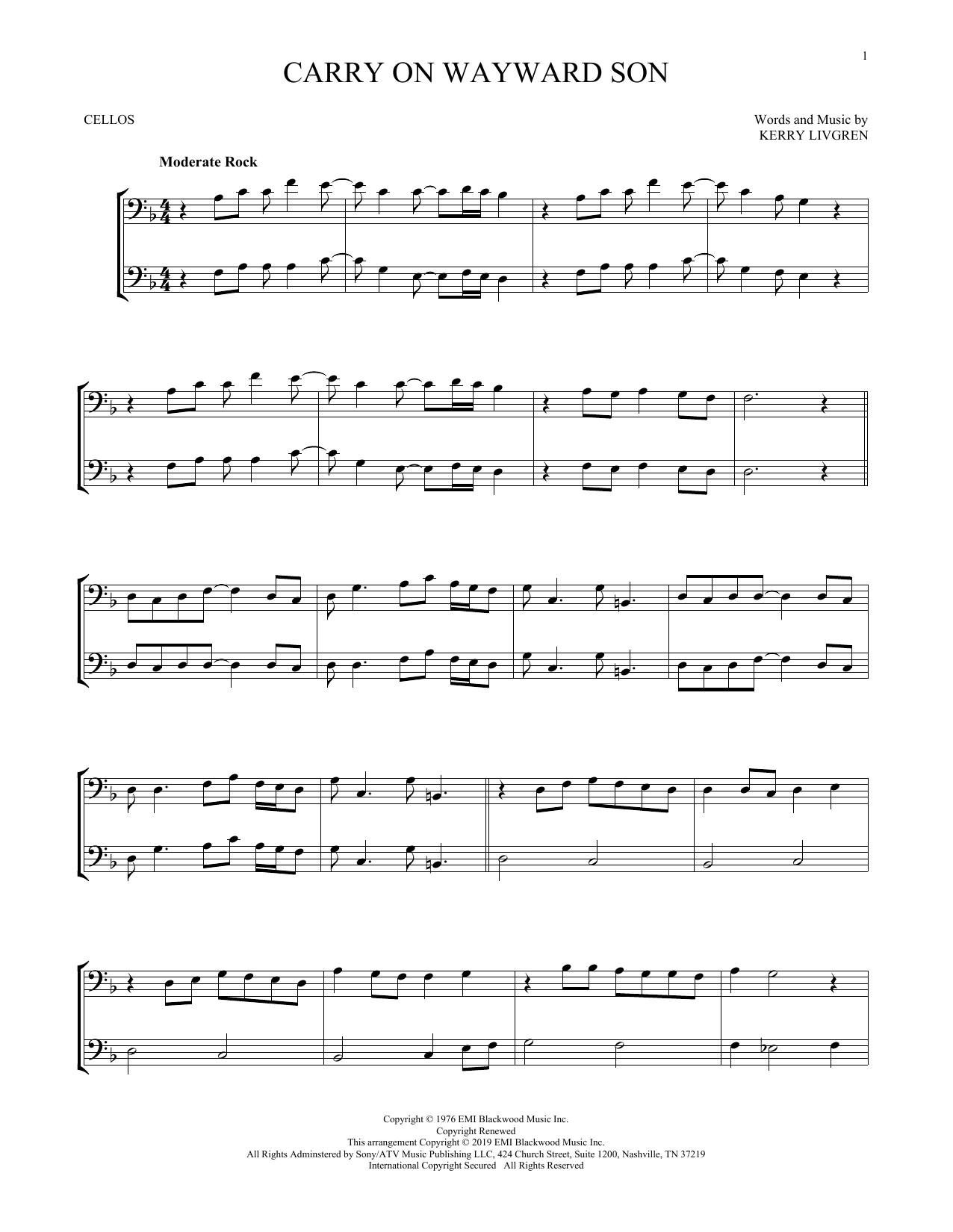 Produktgalerie: Seite 1 von 1 Carry On Wayward Son, Kansas, Violoncello