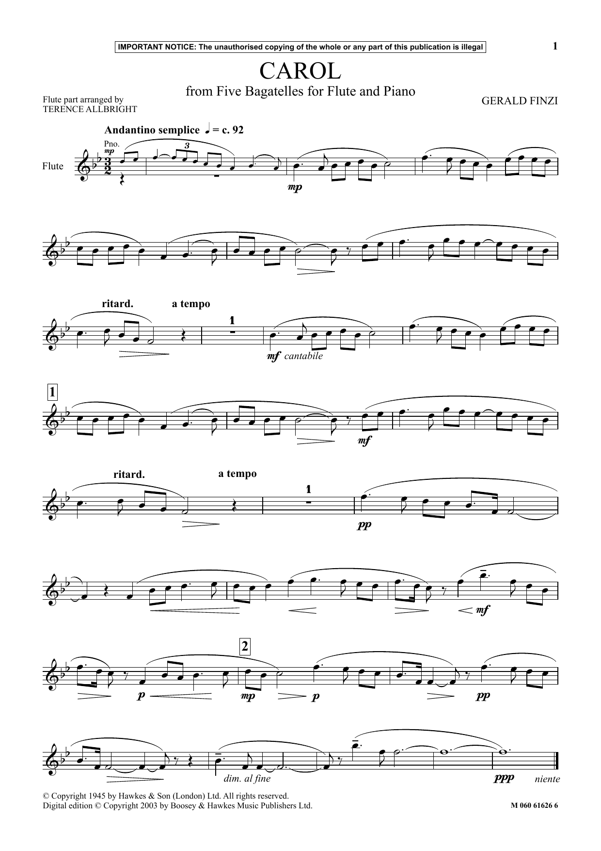 Produktgalerie: Seite 1 von 1 Carol (from Five Bagatelles For Flute And Piano), Gerald Finzi