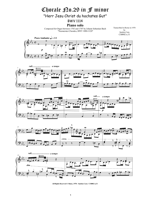 Produktbild zu: Choral No.29 in F-Moll (Herr Jesu Christ du hochstes Gut) BWV 1114Johann Sebastian Bach