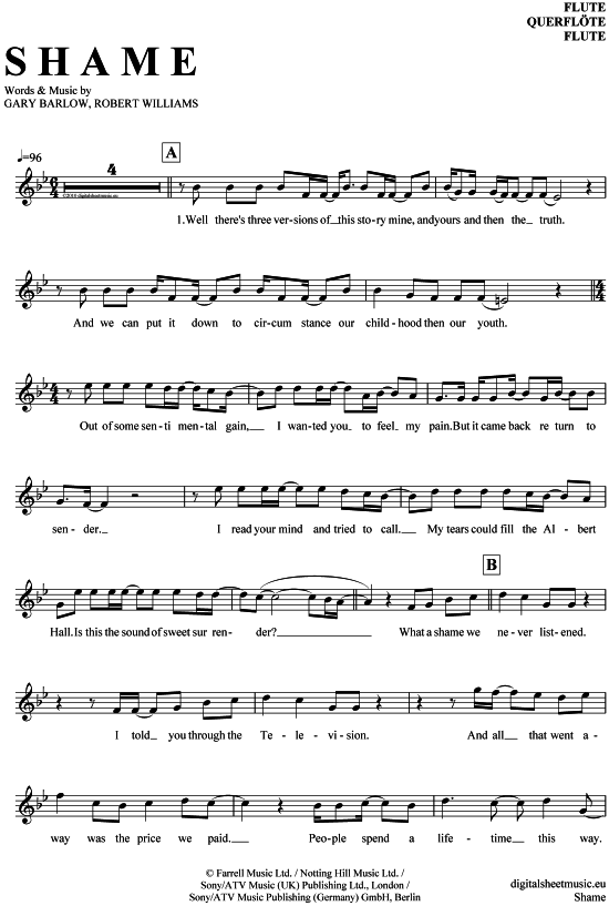 Product gallery: Page 1 of 4 Shame , Williams, Robbie/Barlow, Gary, (transverse flute)