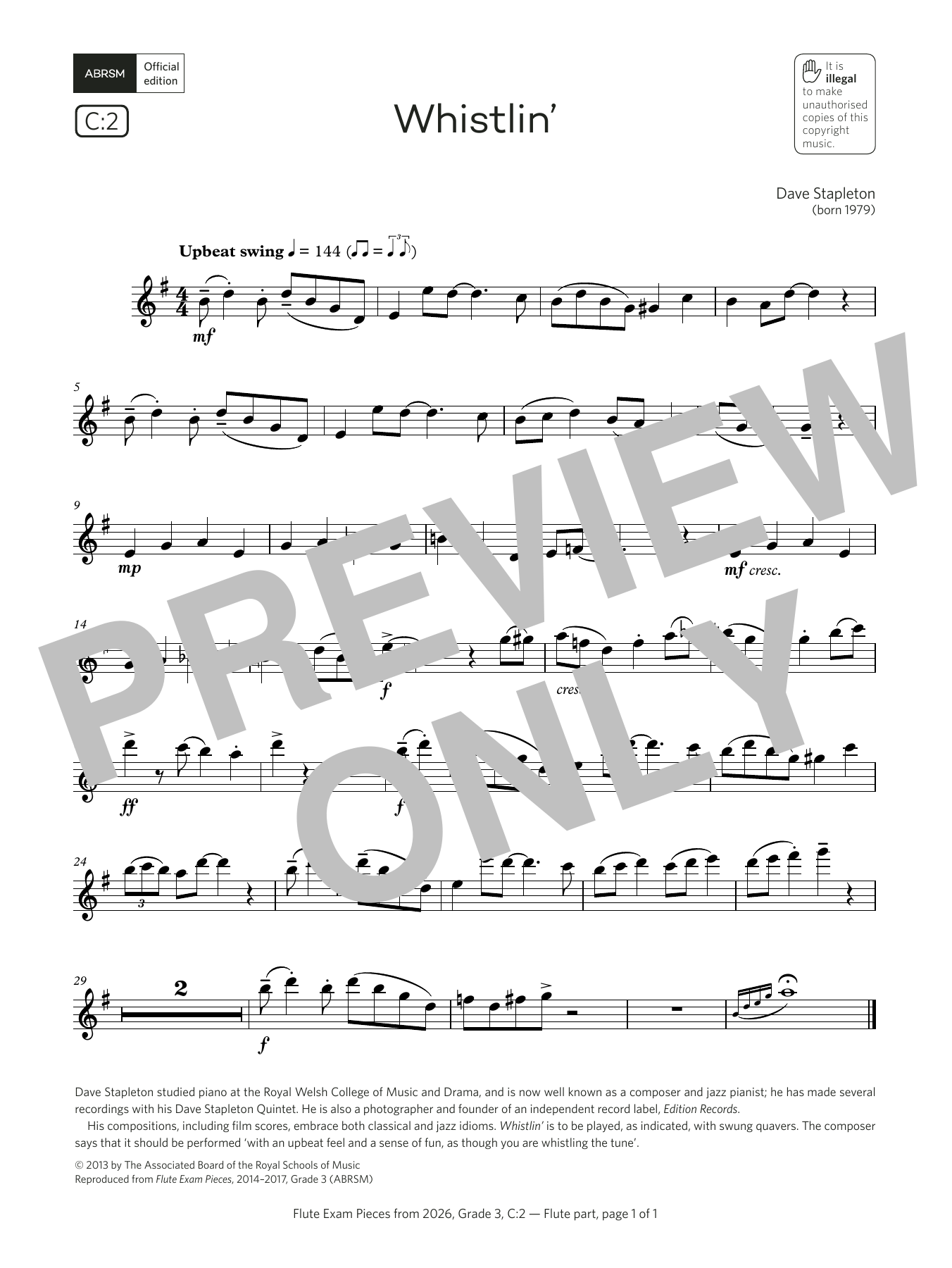 Product gallery: Page 1 of 1 Whistlin' (Grade 3, list C2, from the ABRSM Flute Syllabus from 2026), Dave Stapleton