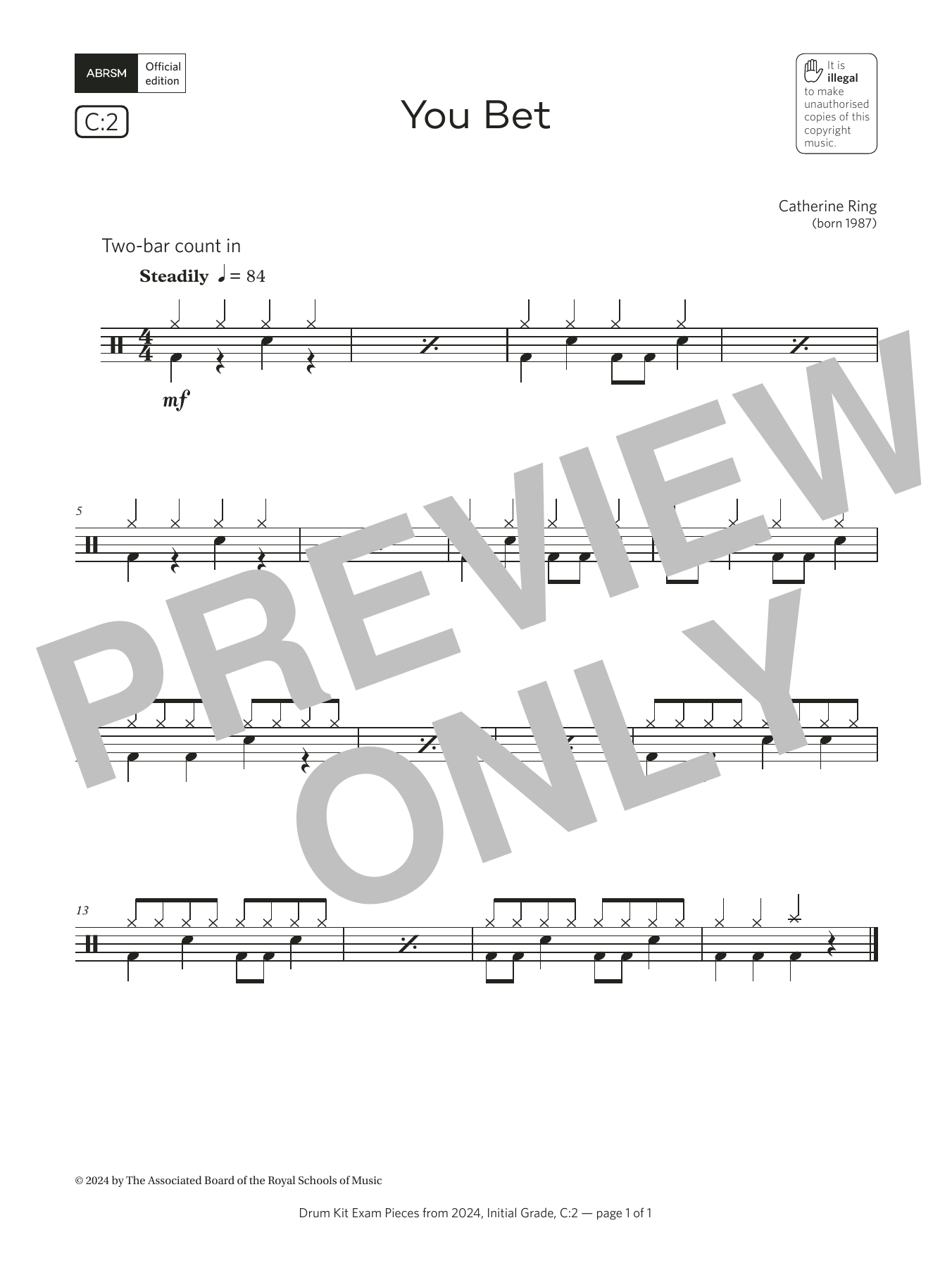 Product gallery: Page 1 of 1 You Bet (Grade Initial, list C2, from the ABRSM Drum Kit Syllabus 2024), Catherine Ring