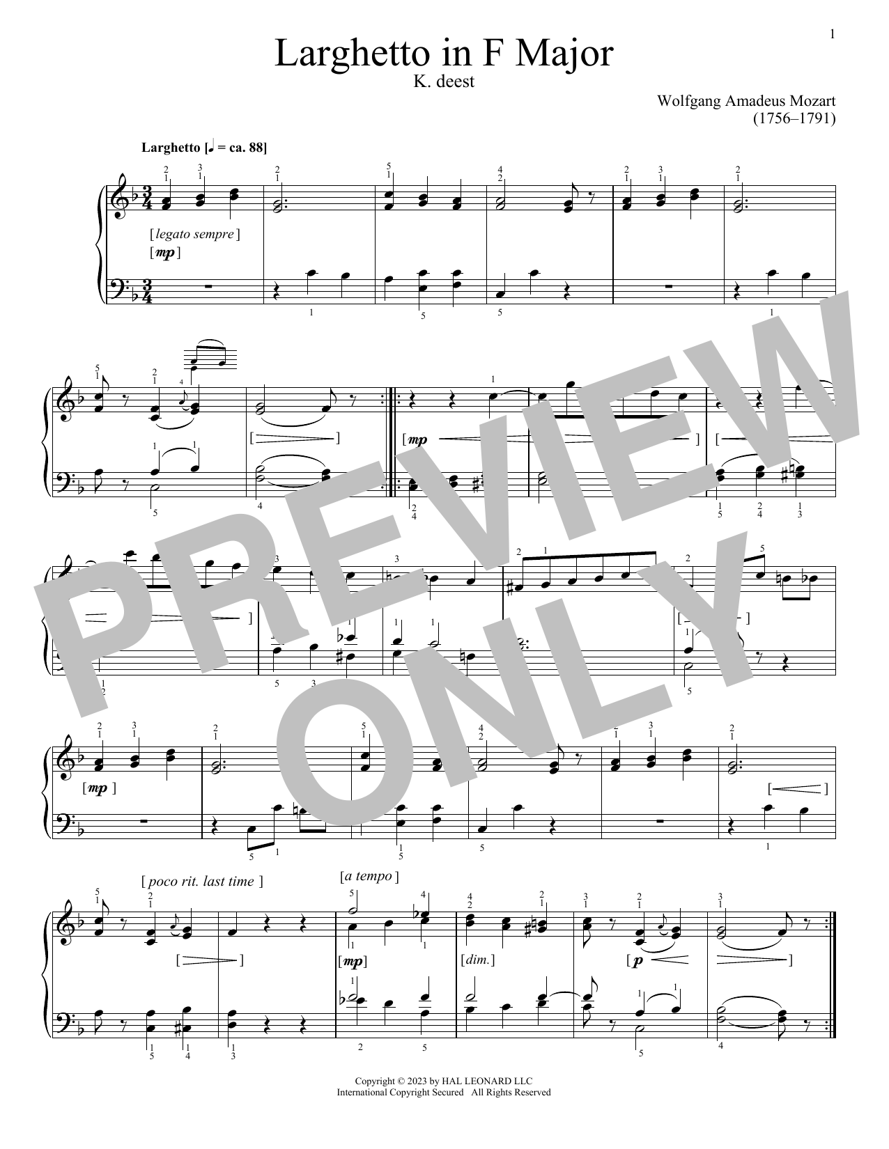 Produktbild zu: Larghetto in F Major, K. deest