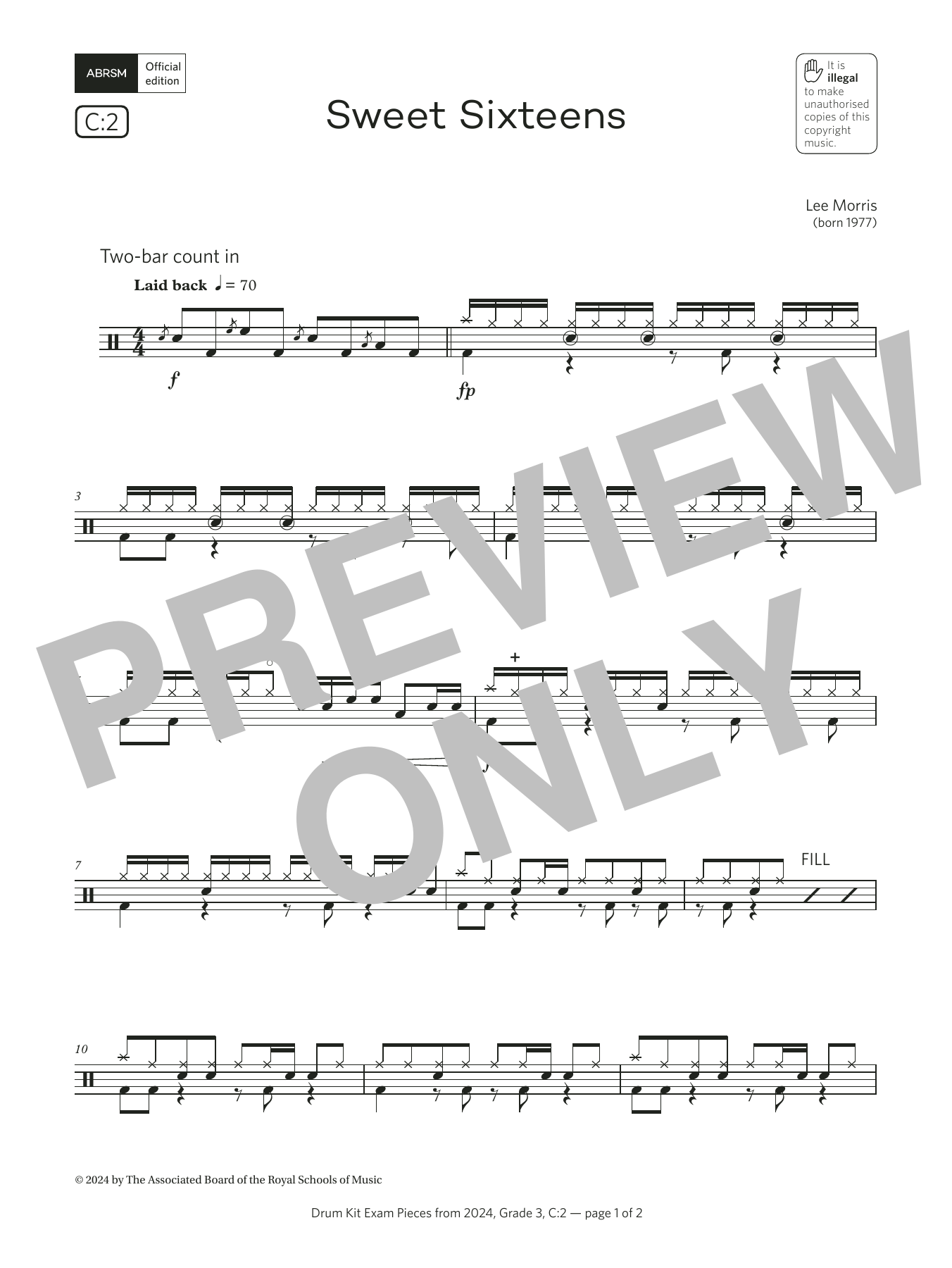 Product gallery: Page 1 of 1 Sweet Sixteens (Grade 3, list C2, from the ABRSM Drum Kit Syllabus 2024), Lee Morris