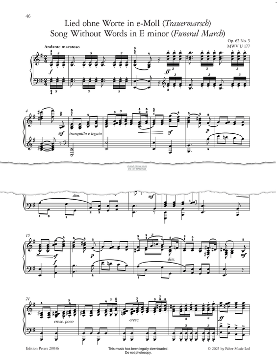Produktgalerie: Seite 1 von 1 Song Without Words in E Minor (Funeral March) Op.62, No.3, Felix Mendelssohn, Klavier