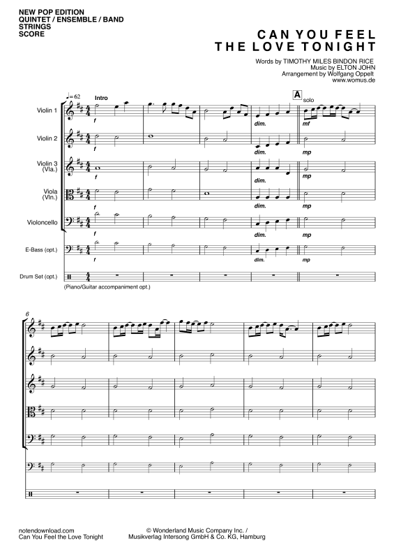 Produktgalerie: Seite 1 von 11 Can You Feel The Love Tonight, John, Elton, Streicher Quintett/Ensemble/Band - Klavier, E-Bass und Drum Set opt.