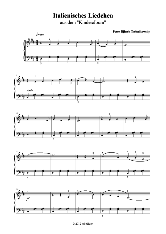 Product picture to: Italienisches Liedchen Peter Iljitsch Tschaikowsky (bearb. aus: Kinderalbum op. 39)