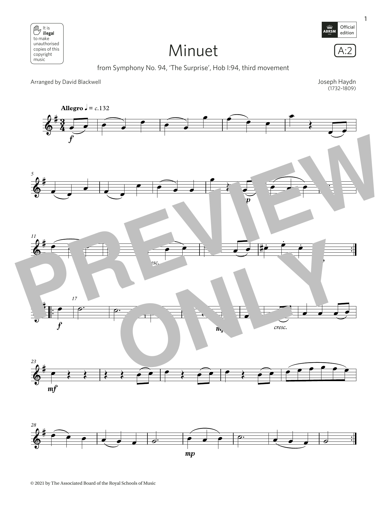Product gallery: Page 1 of 1 Minuet (from Symphony No. 94)  (Grade 1 List A2 from the ABRSM Flute syllabus from 2022), Joseph Haydn