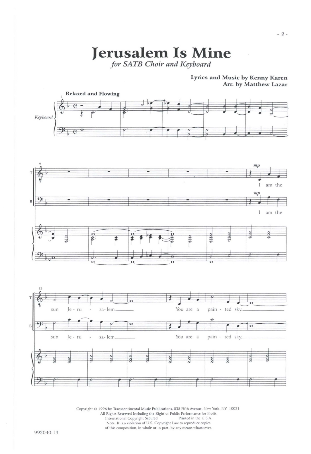 Product gallery: Page 1 of 1 Jerusalem Is Mine (arr. Matthew Lazar), Kenny Karen