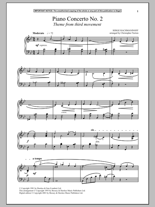 Product gallery: Page 1 of 1 Piano Concerto No. 2, (Third Movement Theme), Sergei Rachmaninoff