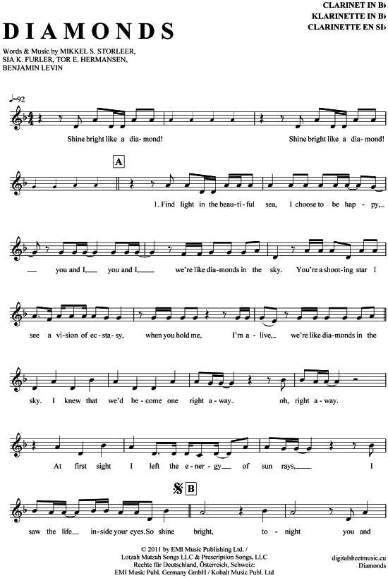 Product gallery: Page 1 of 4 Diamonds , Rihanna, Clarinet in B-flat